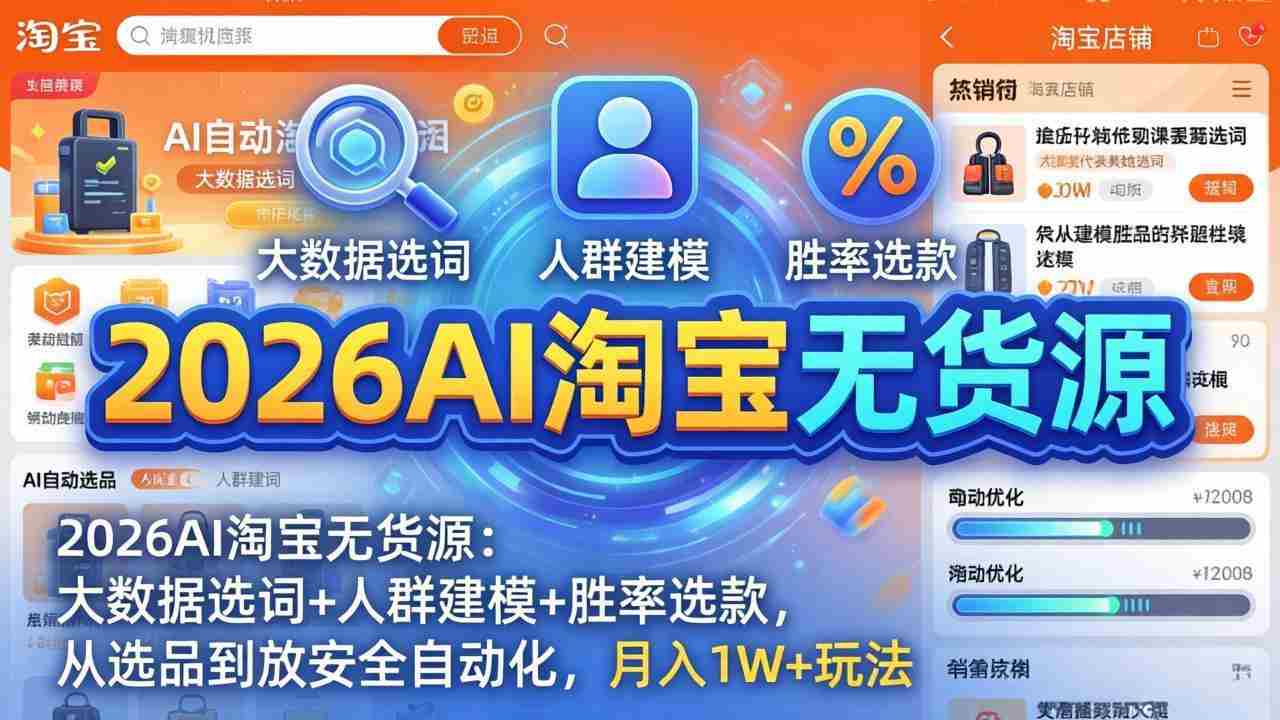 （17955期）2026AI淘宝无货源-4月更新：大数据选词+人群建模+胜率选款，从选品到放大全自动化，月入1W+玩法-中薪网