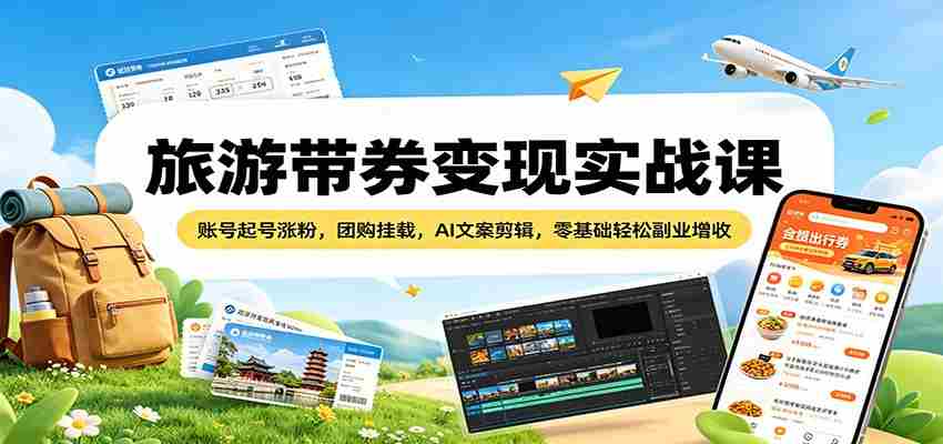 旅游带券变现实战课：账号起号涨粉，团购挂载，AI文案剪辑，零基础轻松副业增收-中薪网