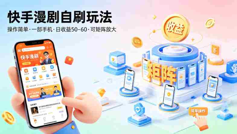 快手漫剧自刷玩法，操作简单，一部手机就可以做，一天50-60收益，可矩阵放大【揭秘】-中薪网
