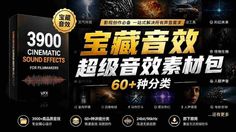 (18660期)宝藏音效合集包!60+多种音效分类,共计3900个,分类清晰,全中文分类,高品质剪辑音效素材包-中薪网