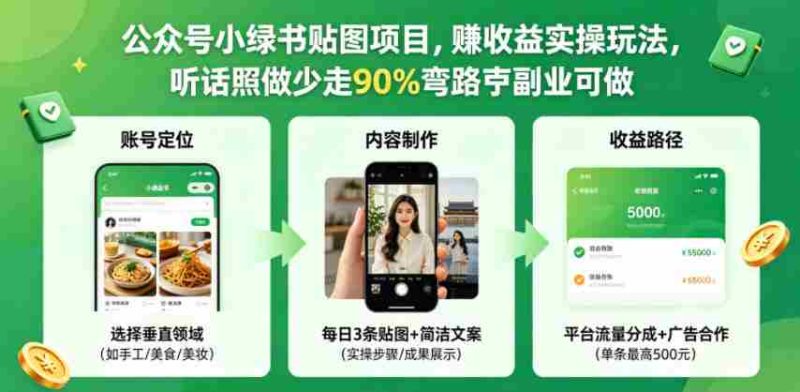 公众号小绿书贴图项目,赚收益实操玩法,听话照听话照少走90%弯路丨副业可做-中薪网