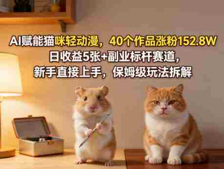 AI赋能猫咪轻动漫,40个作品涨粉152.8W,日收益5张+副业标杆赛道,新手直接上手,保姆级玩法拆解-中薪网
