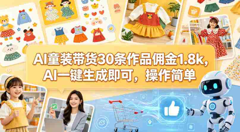 AI童装带货30条作品佣金1.8k,AI一键生成即可,操作简单