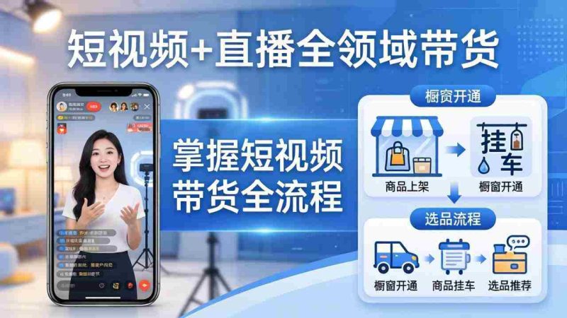 (17915期)短视频+直播全领域带货-更新:掌握橱窗开通、挂车、选品、爆款文案改编等短视频带货全流程-中薪网