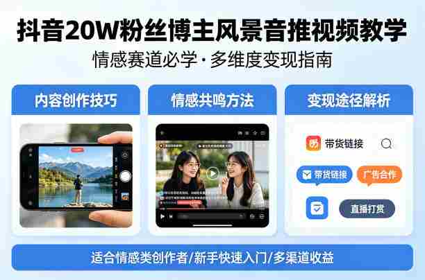 抖音20W粉丝博主风景音推视频教学，情感赛道必学，各种变现途径-中薪网