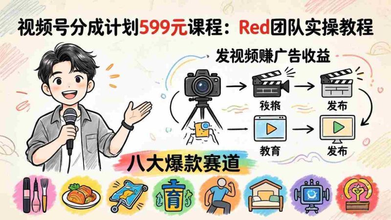 （18088期）视频号分成计划599元课程：Red团队实操教程，发视频赚广告收益，八大爆款赛道全掌握-中薪网