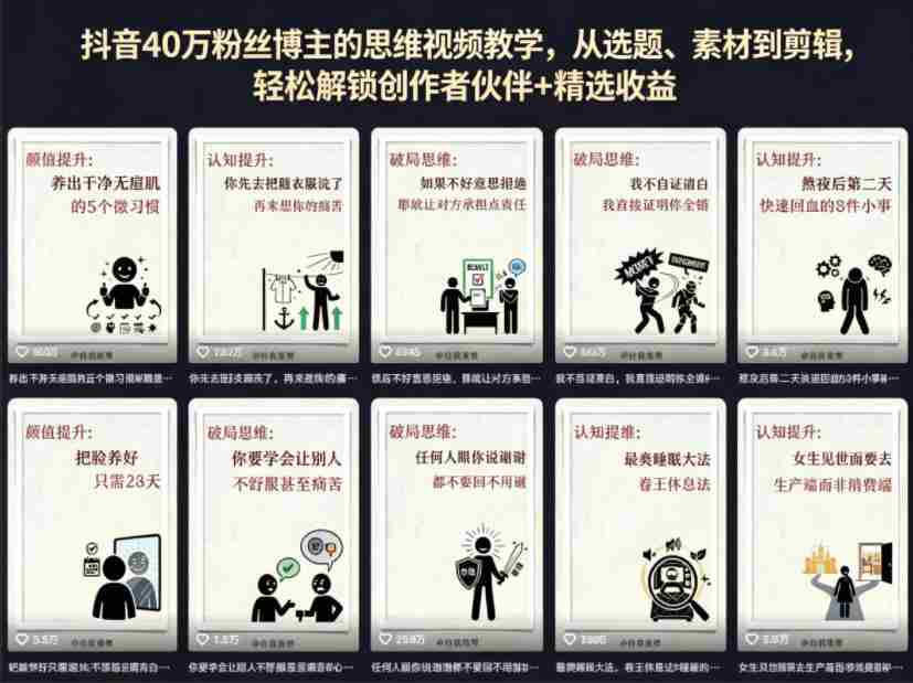 抖音40W粉丝博主的思维视频教学，从选题、素材到剪辑，轻松解锁创作者伙伴+精选收益-中薪网