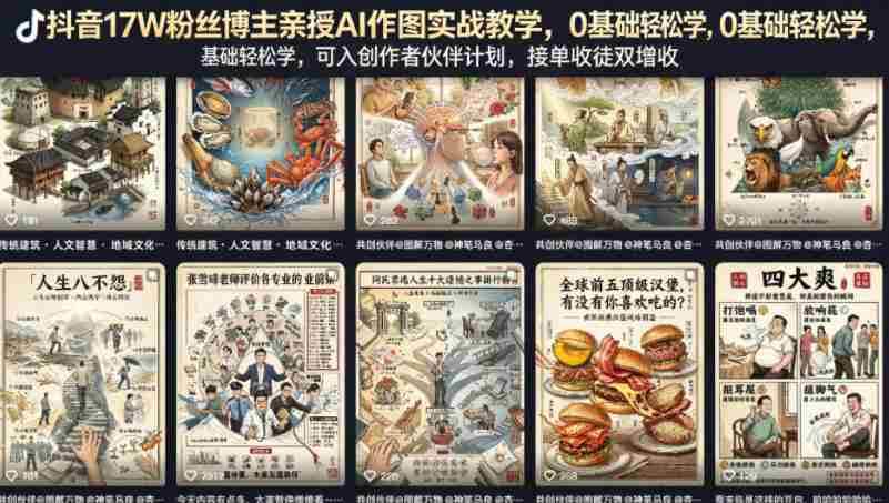 抖音17W粉丝博主亲授AI作图实战教学,0基础轻松学,可入创作者伙伴计划,接单收徒双增收