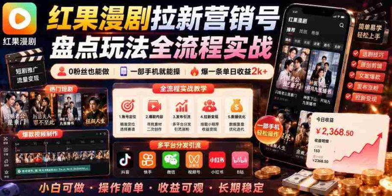 红果漫剧拉新营销号盘点玩法全流程实战，0粉丝也能做，一部手机就能做，爆一条单日收益2k+-中薪网