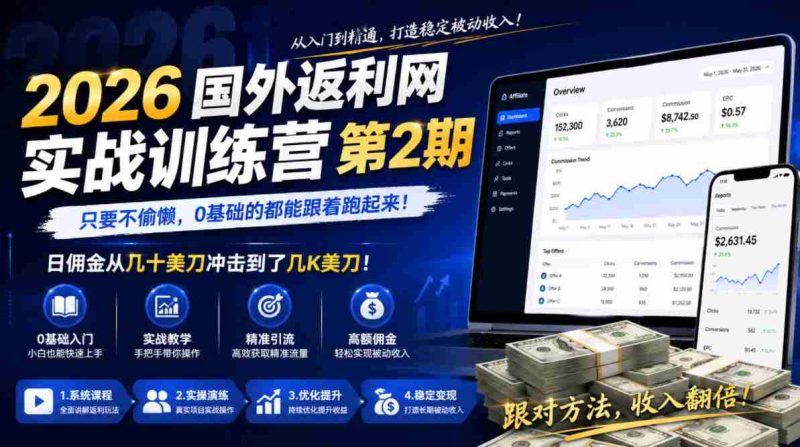 2026年国外返利网实战训练营第2期，只要不偷懒，0基础的都能跟着跑起来，日佣金从几十美刀冲击到了几K美刀-中薪网