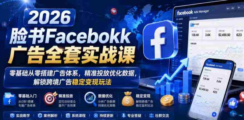 2026脸书Facebook广告全套实战课，零基础从零搭建广告体系，精准投放优化数据，解锁跨境广告稳定变现玩法-中薪网