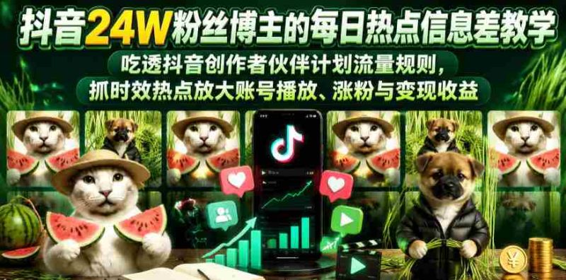抖音24W粉丝博主的每日热点信息差教学,吃透创作者伙伴计划流量规则,抓时效热点放大账号播放、涨粉与变现收益-中薪网