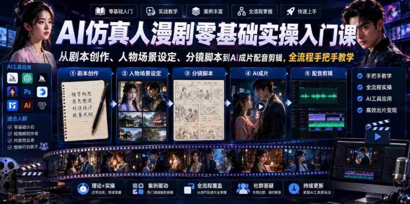 AI仿真人漫剧零基础实操入门课，从剧本创作、人物场景设定、分镜脚本到AI成片配音剪辑，全流程手把手教学-中薪网