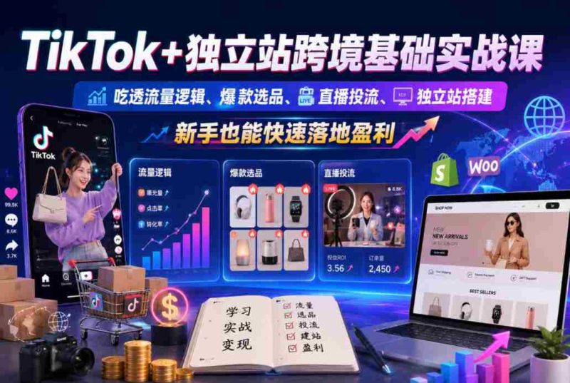 TikTok+独立站跨境基础实战课,吃透流量逻辑、爆款选品、直播投流与独立站搭建,新手也能快速落地盈利-中薪网