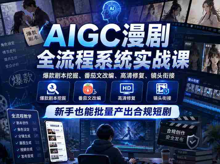 AIGC漫剧全流程系统实战课，爆款剧本挖掘、番茄文改编、高清修复、镜头衔接，新手也能批量产出合规短剧-中薪网