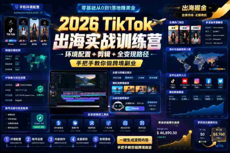 2026 TikTok出海实战训练营,环境配置 + 剪辑 + 全变现路径,手把手教你做跨境副业-中薪网