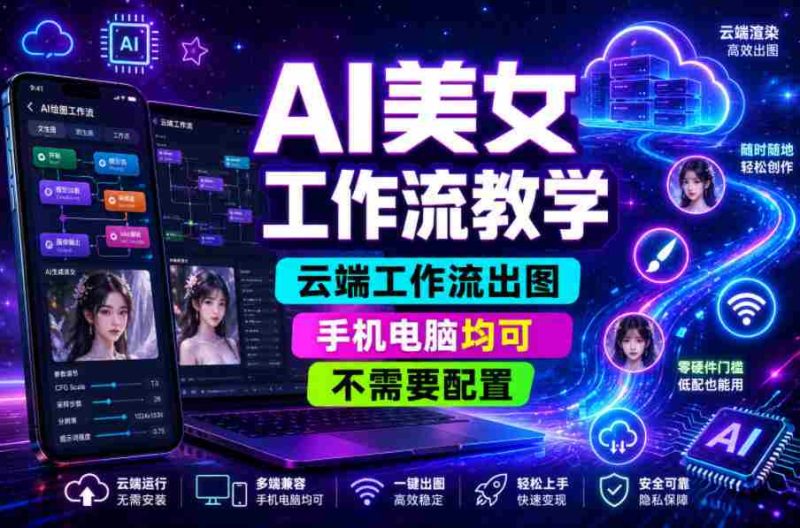 AI美女工作流教学，云端工作流出图，手机电脑均可，不需要配置，快速起号涨粉-中薪网