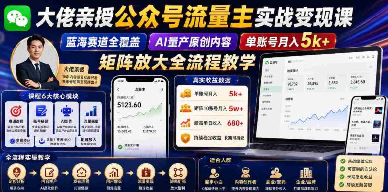 大佬亲授公众号流量主实战变现课，蓝海赛道全覆盖，AI量产原创内容，单账号月入5k+矩阵放大全流程教学-中薪网