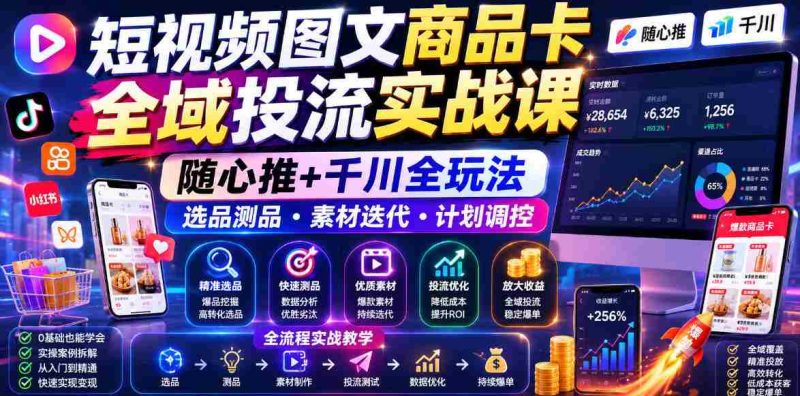 短视频图文商品卡全域投流实战课,随心推+千川全玩法,选品测品・素材迭代・计划调控,提升ROI爆单增收教程-中薪网
