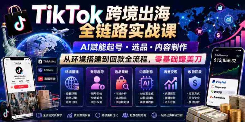 TikTok跨境出海全链路实战课,AI赋能起号・选品・内容制作,从环境搭建到回款全流程,零基础賺美刀-中薪网