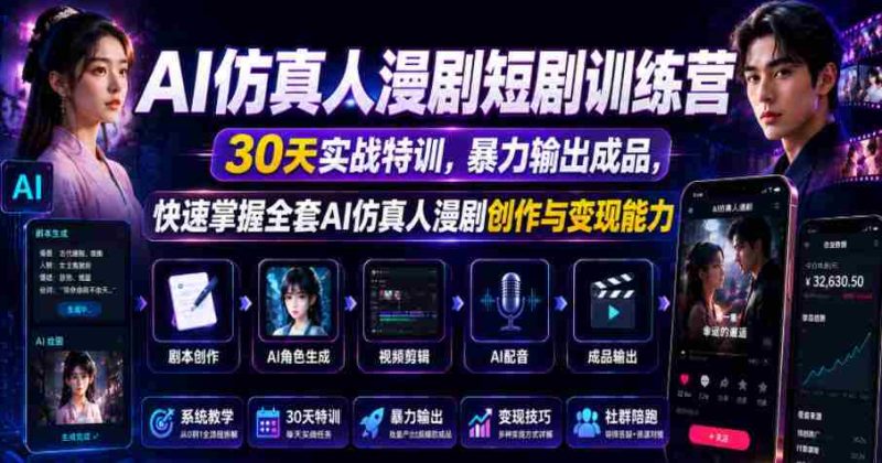 AI仿真人漫剧短剧训练营,30天实战特训,暴力输出成品,快速掌握全套AI仿真人漫剧创作与变现能力-中薪网