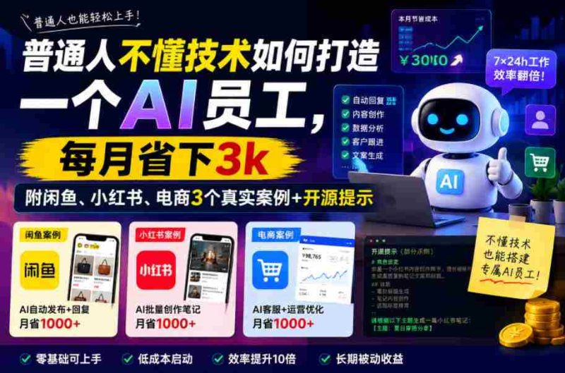 普通人不懂技术如何打造一个AI员工，每月省下3k，附闲鱼、小红书、电商3个真实案例+开源提示【文档】-中薪网