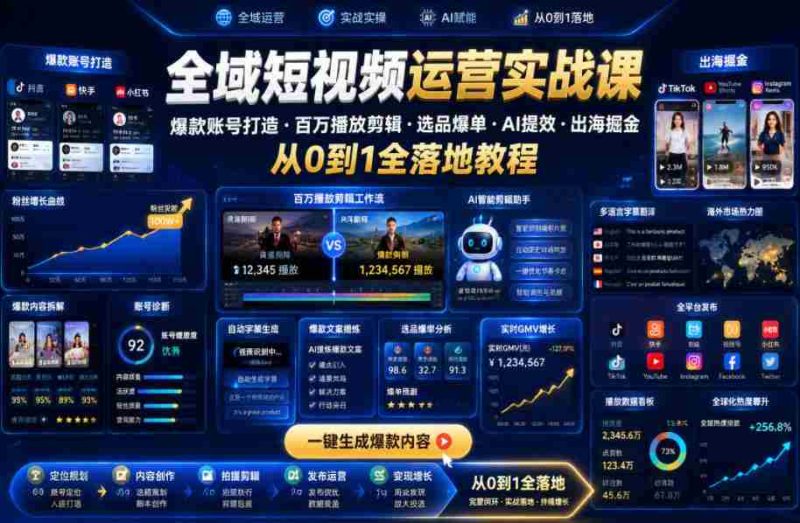 全域短视频运营实战课,爆款账号打造・百万播放剪辑・选品爆单・AI提效・出海掘金,从0到1全落地教程-中薪网