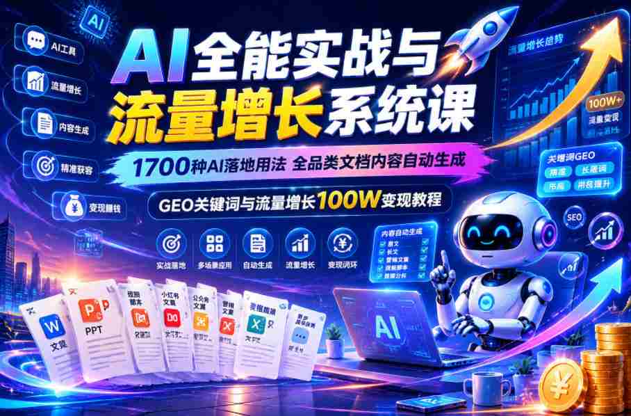 AI全能实战与流量增长系统课，1700种AI落地用法，全品类文档内容自动生成，GEO关键词与流量增长100W变现教程-中薪网