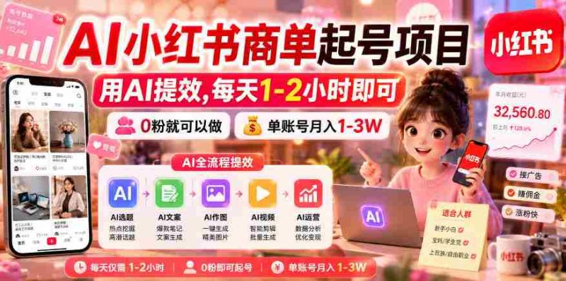 AI小红书商单起号项目，用AI提效,每天1-2小时即可，0粉就可以做，单账号月入1-3W-中薪网